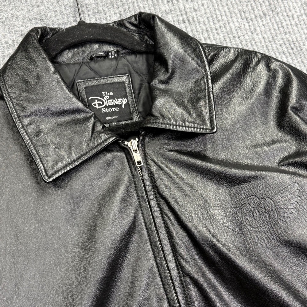Disney Store Mens Black Leather Bomber Jacket Embossed Mickey Road Gear Large